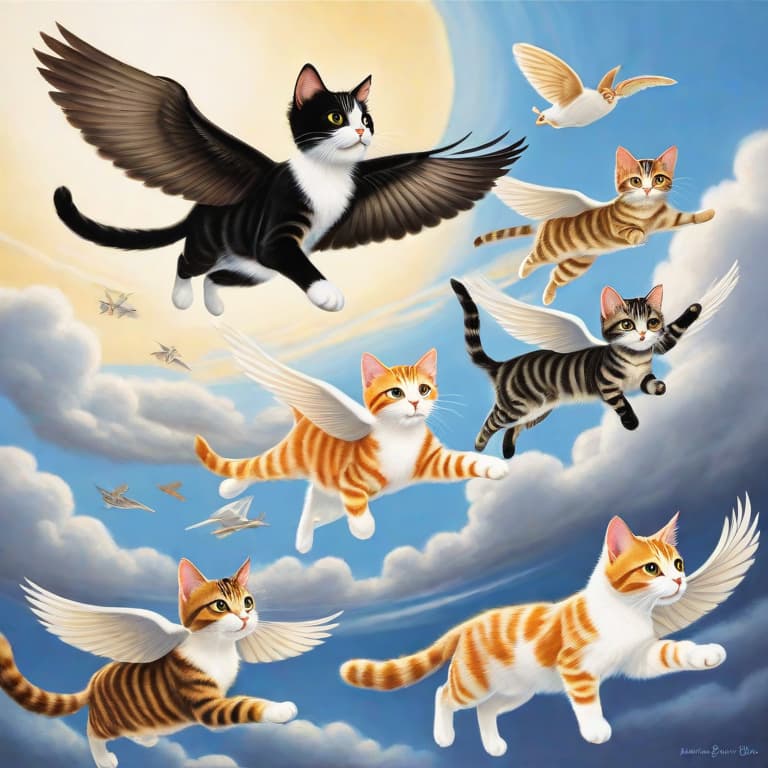  Subject Detail: The image depicts a whimsical scene where cats are soaring through the sky with their newfound ability to fly. The cats are shown in various positions and sizes, gracefully navigating the air. Some are gliding with outstretched wings, while others are using their tails as propellers or floating with levitation powers. The cats have a range of different fur colors, including tabby, calico, black, and white, creating a vibrant and diverse visual. They are surrounded by an ethereal sky with fluffy white clouds and a soft blue gradient, evoking a dreamlike atmosphere. Notable features include the cats' wide-eyed expressions filled with wonder and excitement as they explore their newfound freedom in the sky.

Medium: Digital art.