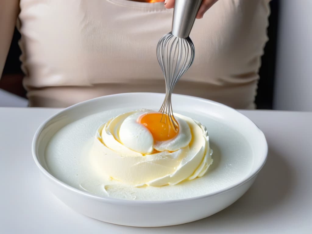  A closeup, ultradetailed image of a hand holding a wire whisk, poised above a glass bowl containing fluffy, perfectly whipped egg whites. The lighting is soft, casting gentle shadows to highlight the textures of the frothy mixture. The stainless steel whisk gleams, and tiny air bubbles are visible in the glossy peaks of the egg whites. The composition is simple yet elegant, emphasizing the precision and skill required to achieve the ideal consistency for baking airy, moist cakes. hyperrealistic, full body, detailed clothing, highly detailed, cinematic lighting, stunningly beautiful, intricate, sharp focus, f/1. 8, 85mm, (centered image composition), (professionally color graded), ((bright soft diffused light)), volumetric fog, trending on instagram, trending on tumblr, HDR 4K, 8K