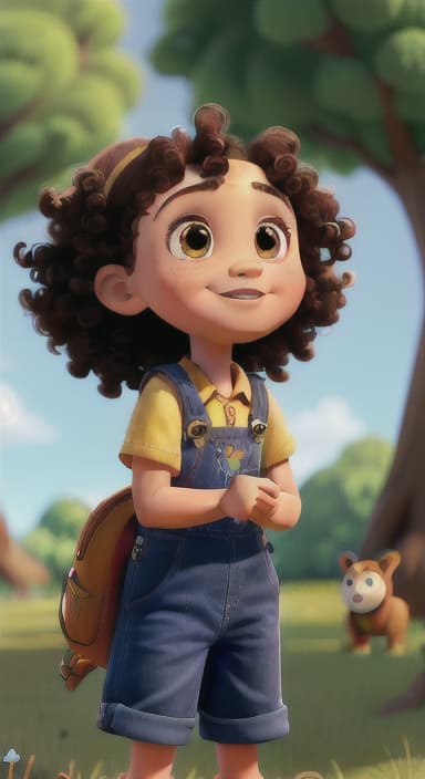  {Riley looking up at the tree with a big smile, animals surrounding them., Riley, a curious with big brown eyes and curly hair, wearing overalls and carrying a small backpack. Their friend, Skye, a bluebird with shiny feathers.