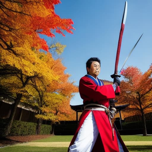 modelshoot style Musashi Miyamoto with two swords, detailed eyes, background 🍁🍁🍁 floating in the air. unreal high quality