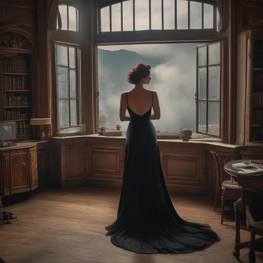  A vintage sad beauty in a black dress looks out the window at the end of the world in the 1990s. hyperrealistic, full body, detailed clothing, highly detailed, cinematic lighting, stunningly beautiful, intricate, sharp focus, f/1. 8, 85mm, (centered image composition), (professionally color graded), ((bright soft diffused light)), volumetric fog, trending on instagram, trending on tumblr, HDR 4K, 8K