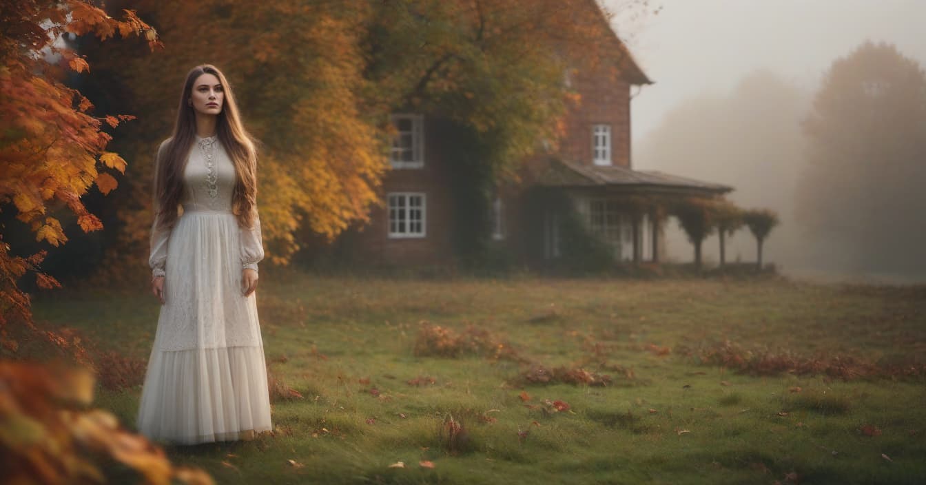  Autumn. A small country house. A long haired girl in a dress is standing. hyperrealistic, full body, detailed clothing, highly detailed, cinematic lighting, stunningly beautiful, intricate, sharp focus, f/1. 8, 85mm, (centered image composition), (professionally color graded), ((bright soft diffused light)), volumetric fog, trending on instagram, trending on tumblr, HDR 4K, 8K