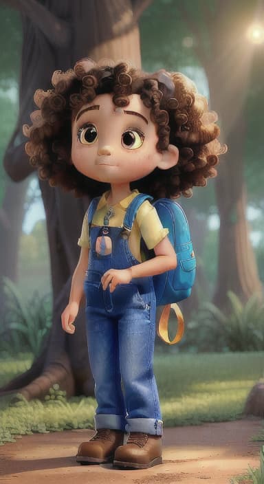  {The tree shining brightly and releasing a gentle, magical light., Riley, a curious with big brown eyes and curly hair, wearing overalls and carrying a small backpack. Their friend, Skye, a bluebird with shiny feathers.