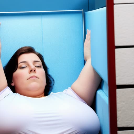  woman, large, large, laying, in prison cell, having