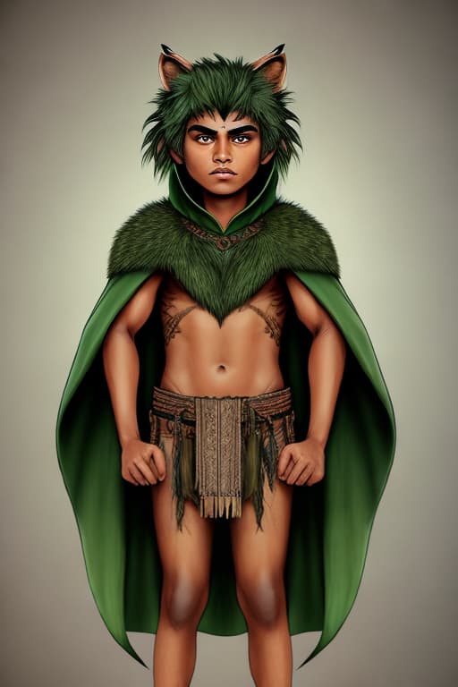  A highly detailed illustration of fierce attractive young tanned green haired tribal boy wearing green wolf cape