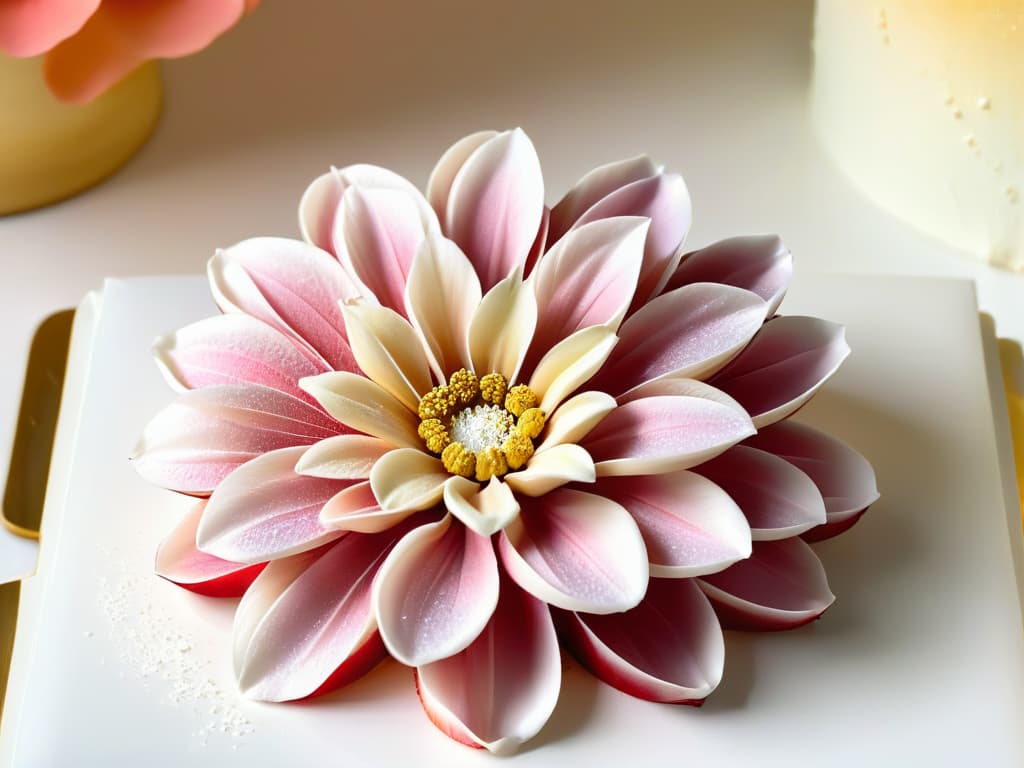  A closeup, ultradetailed image of a delicate, intricately designed sugar flower crafted from sustainable ingredients, showcasing the vibrant colors and exquisite detail of the edible art piece. The soft pastel hues of the petals, the shimmering dusting of gold on the edges, and the tiny, lifelike pistil at the center create a visually stunning and elegant composition that embodies the essence of sustainable pastry artistry. hyperrealistic, full body, detailed clothing, highly detailed, cinematic lighting, stunningly beautiful, intricate, sharp focus, f/1. 8, 85mm, (centered image composition), (professionally color graded), ((bright soft diffused light)), volumetric fog, trending on instagram, trending on tumblr, HDR 4K, 8K