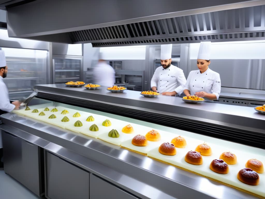  A highresolution image of a modern, sleek pastry kitchen with minimalist design elements such as clean lines, neutral colors, and innovative sustainable practices evident in the materials and equipment. The image showcases a team of pastry chefs working collaboratively on intricate, ecofriendly dessert creations, emphasizing the fusion of innovation and sustainability in the field of pastry making. hyperrealistic, full body, detailed clothing, highly detailed, cinematic lighting, stunningly beautiful, intricate, sharp focus, f/1. 8, 85mm, (centered image composition), (professionally color graded), ((bright soft diffused light)), volumetric fog, trending on instagram, trending on tumblr, HDR 4K, 8K