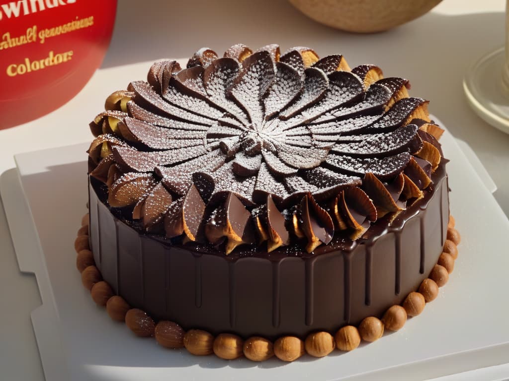  A closeup, ultrahighresolution image of a decadent chocolate macadamia nut tart with a perfectly glossy ganache glaze, showcasing the rich texture of the nutstudded filling against the smooth, dark chocolate topping. The minimalist composition focuses on the intricate layers of the dessert, highlighting the contrast between the crunchy macadamia nuts and the velvety chocolate, inviting viewers to indulge in the luxurious flavors of this exquisite treat. hyperrealistic, full body, detailed clothing, highly detailed, cinematic lighting, stunningly beautiful, intricate, sharp focus, f/1. 8, 85mm, (centered image composition), (professionally color graded), ((bright soft diffused light)), volumetric fog, trending on instagram, trending on tumblr, HDR 4K, 8K