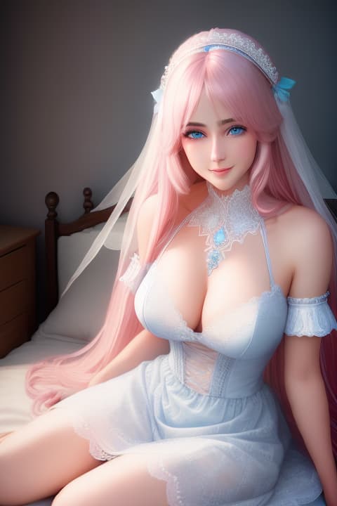  white , long  hair, blue eyes, thin face, smiling, bare shoulders, pink lace , fitted lace , slim , bedroom, full body photo, 1, , detailed eyes, hyperrealistic, full body, highly detailed, cinematic lighting, intricate, sharp focus, f/1. 8, 85mm, (centered image composition), (professionally color graded), ((bright soft diffused light)), volumetric fog, trending on instagram, HDR 4K, 8K