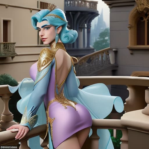  Fantasy Disney princes,seen from the back,wearing skinny transparant but opulent looking costume and short dress,bending forward stone balcony watching her beautifull kingdom outside the pallace where the sun is getting low