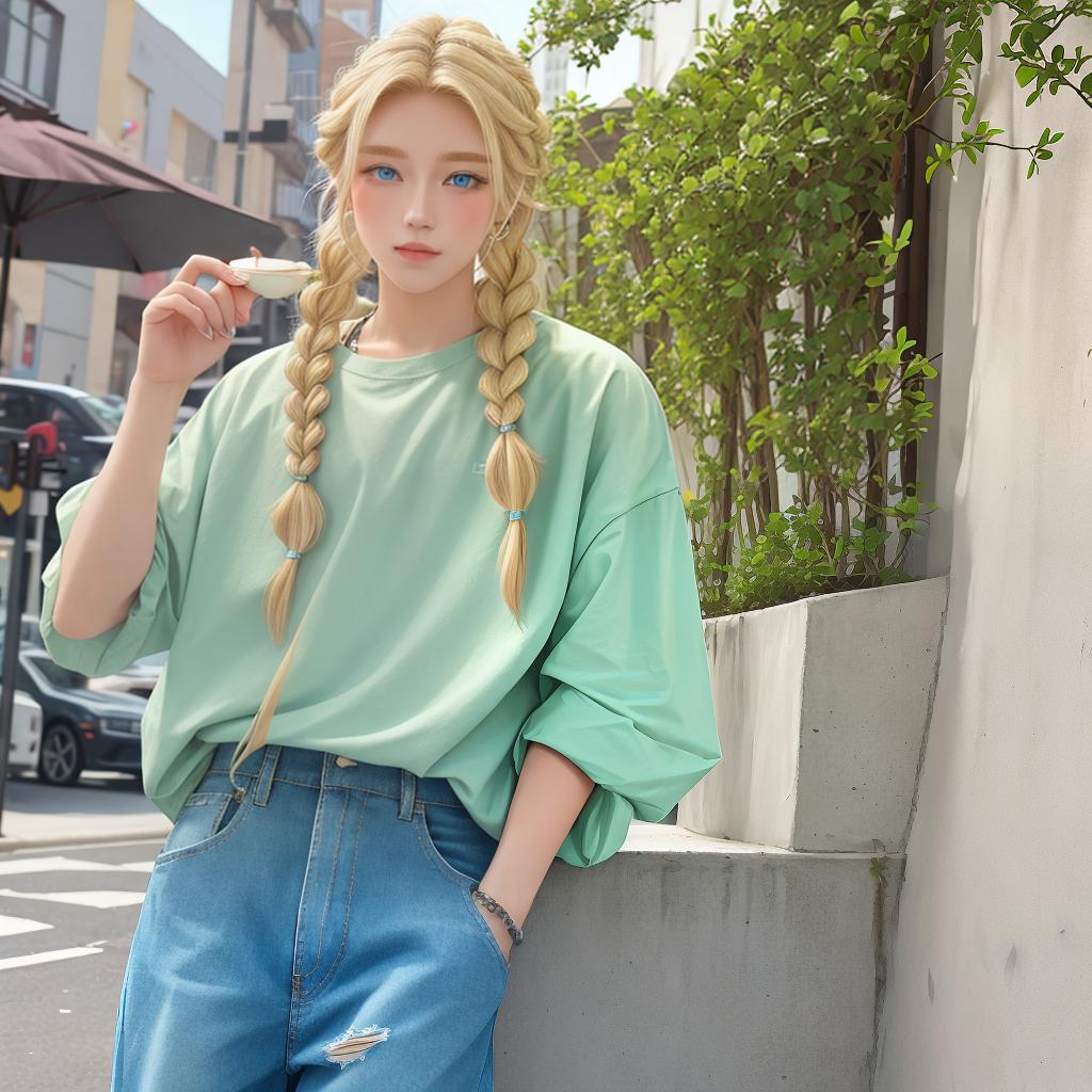  masterpiece, best quality, blonde braided blonde hair, blue eyes, pastel green baggy shirt, baggy ripped jeans,long french dip nails