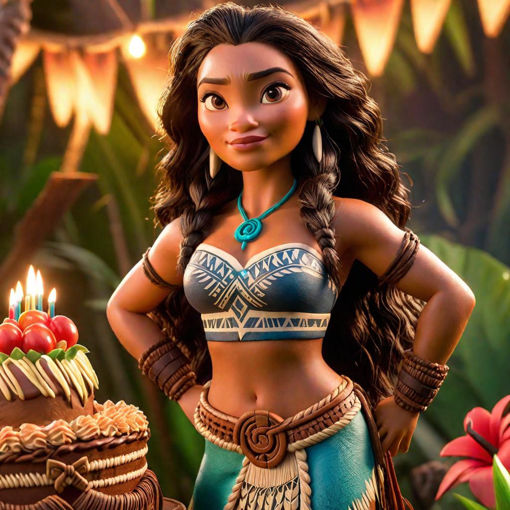  uma imagem 3D de bolo de aniversário moana para menina(Maria Eduarda ) hyperrealistic, full body, detailed clothing, highly detailed, cinematic lighting, stunningly beautiful, intricate, sharp focus, f/1. 8, 85mm, (centered image composition), (professionally color graded), ((bright soft diffused light)), volumetric fog, trending on instagram, trending on tumblr, HDR 4K, 8K