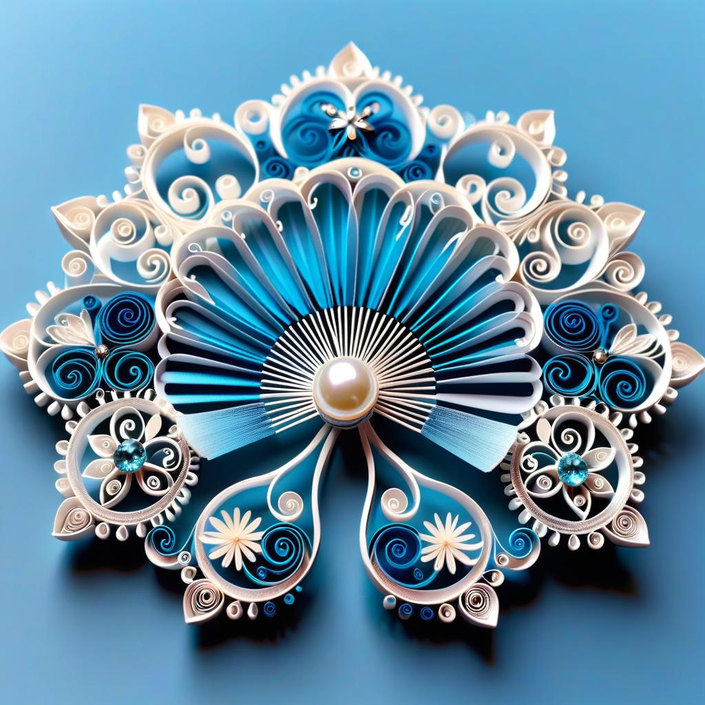  paper quilling art of (Ladies fan, winter design): colour silver blue, decorated with stars, snowflakes, frost. (Gears and shaft): silver pearl colour. (Pin): in the form of an ice cube. Empire, fantasy, baroque. . intricate, delicate, curling, rolling, shaping, coiling, loops, 3D, dimensional, ornamental hyperrealistic, full body, detailed clothing, highly detailed, cinematic lighting, stunningly beautiful, intricate, sharp focus, f/1. 8, 85mm, (centered image composition), (professionally color graded), ((bright soft diffused light)), volumetric fog, trending on instagram, trending on tumblr, HDR 4K, 8K