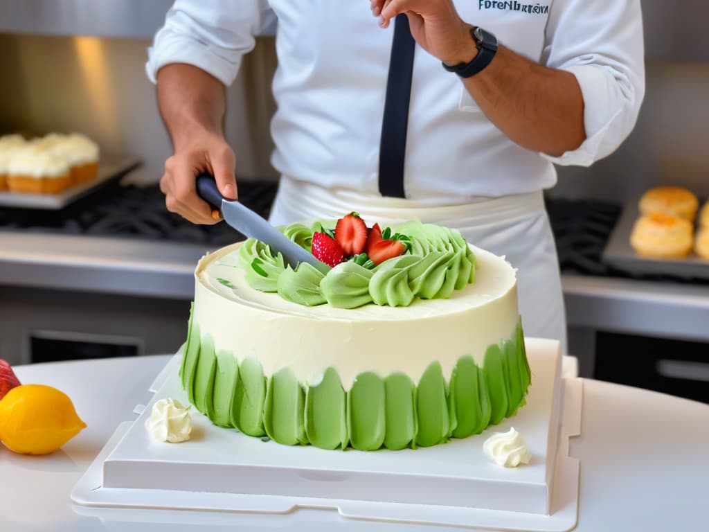  A photorealistic image of a professional baker in a modern kitchen, meticulously using precision silicone spatulas to create intricate designs on a beautifully decorated cake. The baker's focused expression, the vibrant colors of the frosting, and the impeccable details of the spatula's texture and design are all highlighted in the image, showcasing the innovative use of precision silicone spatulas in pastry making. hyperrealistic, full body, detailed clothing, highly detailed, cinematic lighting, stunningly beautiful, intricate, sharp focus, f/1. 8, 85mm, (centered image composition), (professionally color graded), ((bright soft diffused light)), volumetric fog, trending on instagram, trending on tumblr, HDR 4K, 8K