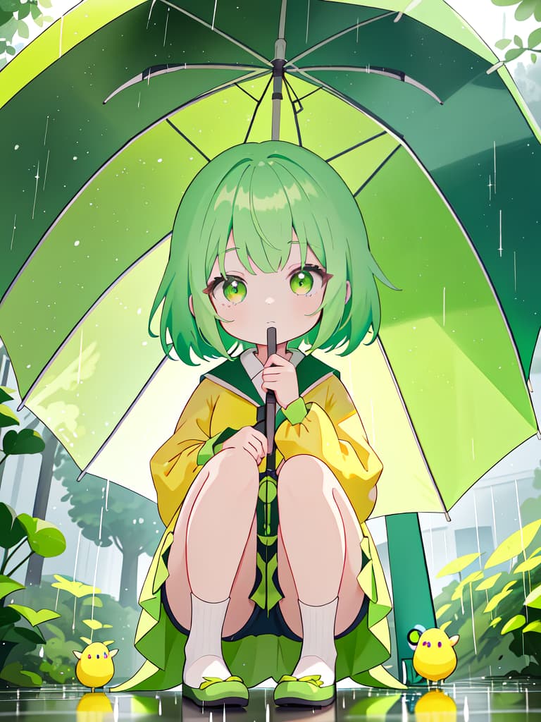  A green haired little girl character wearing a yellow raincoat is crouching, staring at 🍀 with an umbrella in the rain, masterpiece, best quality,8k,ultra detailed,high resolution,an extremely delicate and beautiful,hyper detail