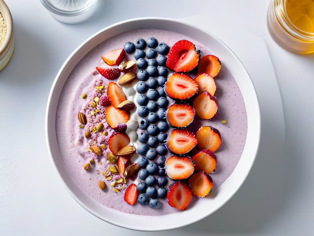  A highresolution, minimalist image of a beautifully plated chia seed pudding topped with vibrant mixed berries, crunchy almond slices, and a drizzle of golden honey, set against a pristine white background. The chia seeds glisten with tiny beads of moisture, the berries gleam with freshness, and the honey cascades elegantly down the side of the dish. The presentation is artfully arranged, highlighting the natural colors and textures of the ingredients, evoking a sense of indulgence and wellbeing. hyperrealistic, full body, detailed clothing, highly detailed, cinematic lighting, stunningly beautiful, intricate, sharp focus, f/1. 8, 85mm, (centered image composition), (professionally color graded), ((bright soft diffused light)), volumetric fog, trending on instagram, trending on tumblr, HDR 4K, 8K