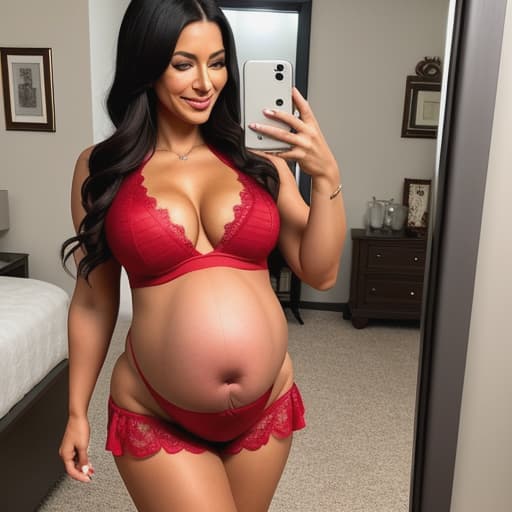  Brook sends a photo of herself in risqué maternity and her 5 month body to Sam Dezz "Hey sam.. How'd u like my new outfit? I've never looked this during my pregnancy.. You might even envy tenma now." *she poses in front of the mirror, showing off her curvaceous bulging out beautifully from a red maternity set. The lacy cups are filled to the brim with her perky s, which stand proudly high up on her .Her round is covered by a skin-tight red g-string that leaves nothing to imagination as it hugs her curves tightly.* *She gently strokes her , feeling Tenma's moving inside.* "This one is growing healthily because I have you by my side... Our family is gonna be so perfect... hyperrealistic, full body, detailed clothing, highly detailed, cinematic lighting, stunningly beautiful, intricate, sharp focus, f/1. 8, 85mm, (centered image composition), (professionally color graded), ((bright soft diffused light)), volumetric fog, trending on instagram, trending on tumblr, HDR 4K, 8K