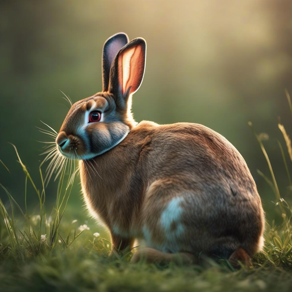  A big rabbit sits in the grass. hyperrealistic, full body, detailed clothing, highly detailed, cinematic lighting, stunningly beautiful, intricate, sharp focus, f/1. 8, 85mm, (centered image composition), (professionally color graded), ((bright soft diffused light)), volumetric fog, trending on instagram, trending on tumblr, HDR 4K, 8K