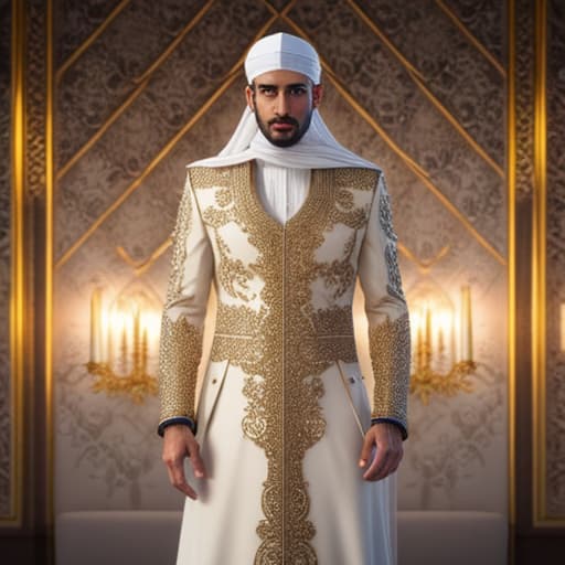  a elegant muslim man hyperrealistic, full body, detailed clothing, highly detailed, cinematic lighting, stunningly beautiful, intricate, sharp focus, f/1. 8, 85mm, (centered image composition), (professionally color graded), ((bright soft diffused light)), volumetric fog, trending on instagram, trending on tumblr, HDR 4K, 8K