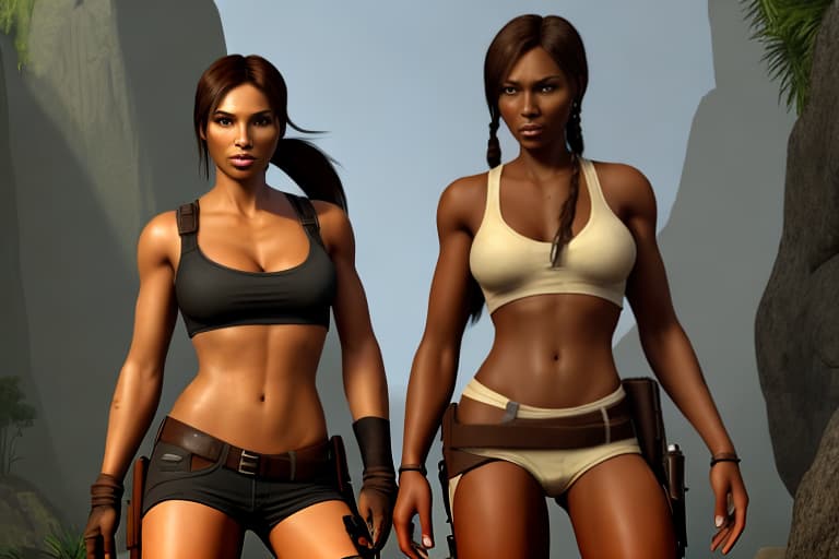  Character Lara Croft skinny without any clothes on standing with a skinny black woman