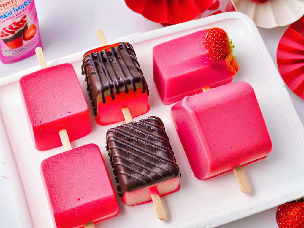  An image of vibrant pink strawberry cheesecake popsicles with a decadent chocolate drizzle, set against a clean white background. The paletas are perfectly frozen, showcasing a creamy texture, speckled with bits of fresh strawberries, and the glossy chocolate topping is elegantly drizzled over them. The contrast between the bright pink, rich chocolate, and pristine white background creates an enticing and visually appealing composition, perfect for captivating young readers with its minimalistic yet mouthwatering presentation. hyperrealistic, full body, detailed clothing, highly detailed, cinematic lighting, stunningly beautiful, intricate, sharp focus, f/1. 8, 85mm, (centered image composition), (professionally color graded), ((bright soft diffused light)), volumetric fog, trending on instagram, trending on tumblr, HDR 4K, 8K