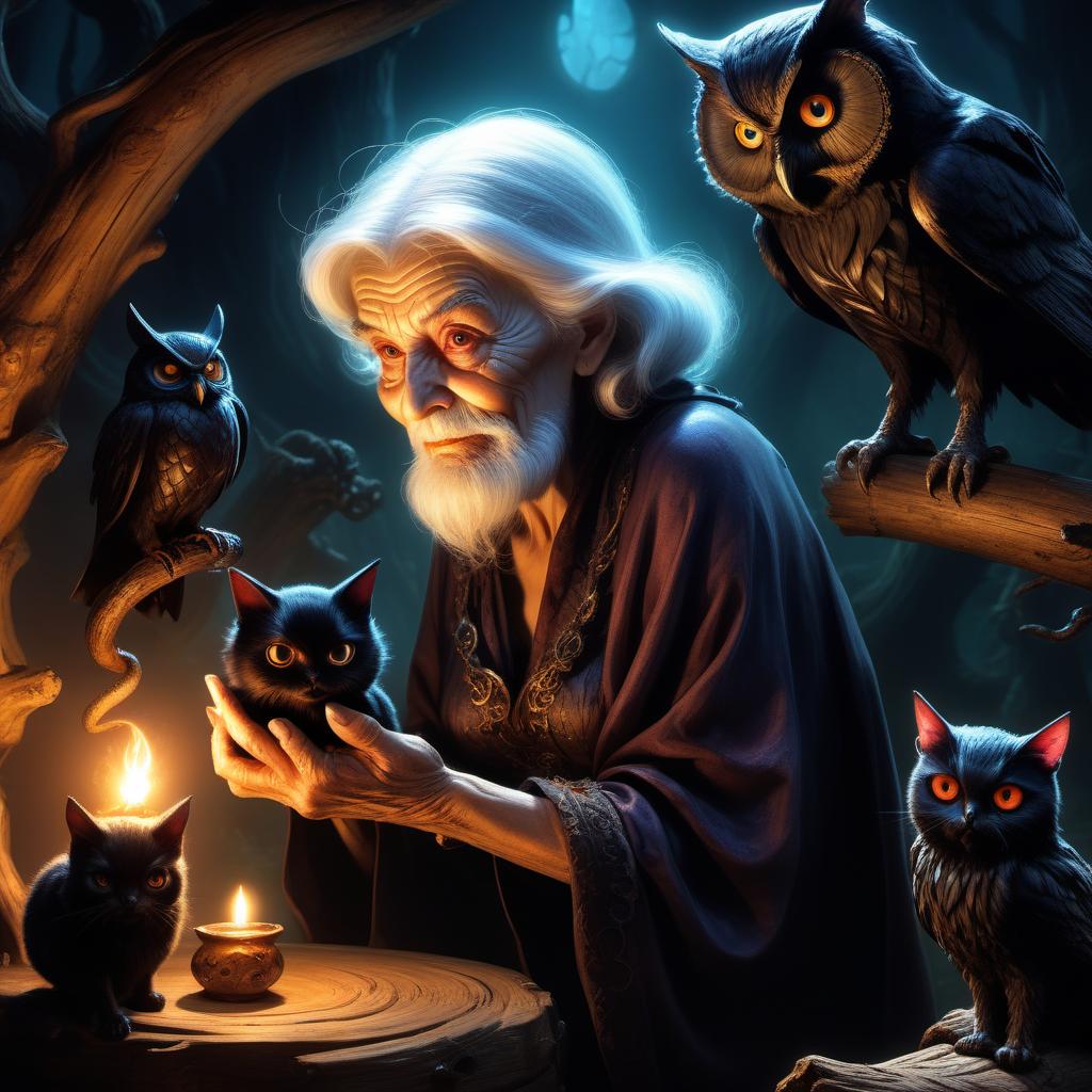  fairy tale a shaggy old woman with a hooked nose evil eyes stirs a glowing potion in a huge vat general plan a room made of logs bats an owl a black cat snakes, 8K photos, Alessio Balbi, sakimichan Frank Frazetta, detailed airbrush drawing, hand-painted on . magical, fantastical, enchanting, storybook style, highly detailed