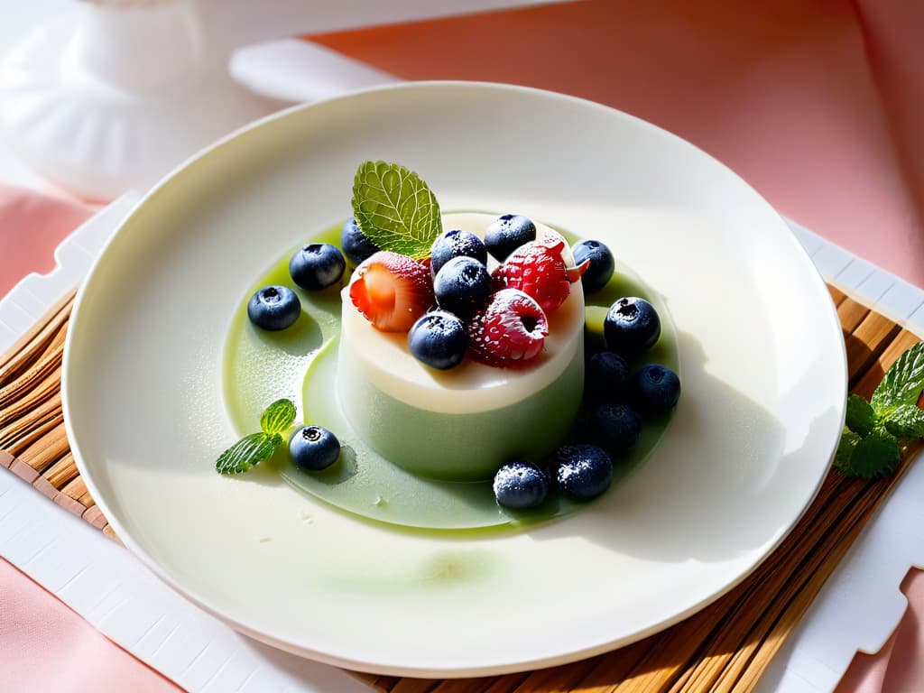  A highresolution image of a delicate, intricate agar agar dessert topped with fresh berries and mint leaves, set on a clean, modern white plate against a soft, blurred background. The dessert is perfectly set, showcasing the glistening texture of agar agar and the vibrant colors of the fruits, inviting viewers with its elegant presentation and sophisticated appeal. hyperrealistic, full body, detailed clothing, highly detailed, cinematic lighting, stunningly beautiful, intricate, sharp focus, f/1. 8, 85mm, (centered image composition), (professionally color graded), ((bright soft diffused light)), volumetric fog, trending on instagram, trending on tumblr, HDR 4K, 8K