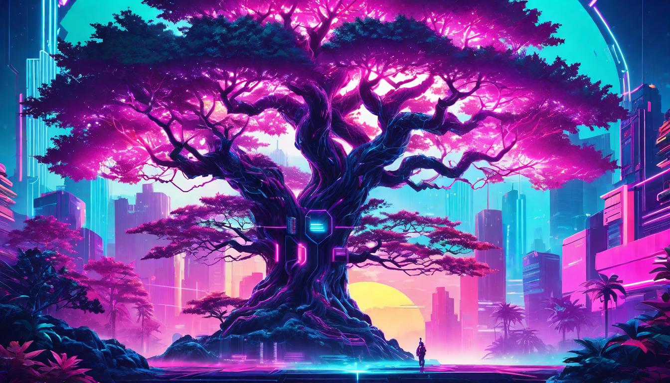  vaporwave,cyberpunk game style Deeply rooted tree with branches intertwined with another, symbolizing deeper connections fostered by clear boundaries. Trees robust, interconnection healthy, atmosphere of mutual growth, symbiotic relationship.eon, dystopian, futuristic, digital, vibrant, detailed, high contrast, reminiscent of cyberpunk genre video games,retro aesthetic, cyberpunk, vibrant, neon colors, vintage 80s and 90s style, highly detailed