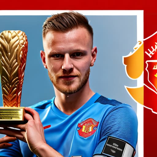 portrait+ style A photo of Erlin Haaland in Manchester united shirt holding premier league golden boot award with a banner at the top saying "top scorer"2024 season