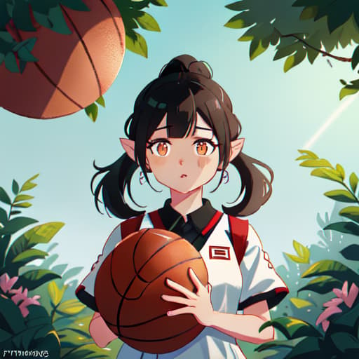  anime girl black hair bright dark brown eyes red and white basketball uniform with the number 18 and the name Nicky white and black shoes Have your hair in a medium high ponytail with two strands on the sides of your ears, have a basketball and look full body Pastel Palette, Da Vinci's Dreams, Picasso's , Sunrise Splendors, Floral Fantasy, Mystical Moonscapes, Urban Nature, Crystal Clear, Cinematic hyperrealistic, full body, detailed clothing, highly detailed, cinematic lighting, stunningly beautiful, intricate, sharp focus, f/1. 8, 85mm, (centered image composition), (professionally color graded), ((bright soft diffused light)), volumetric fog, trending on instagram, trending on tumblr, HDR 4K, 8K