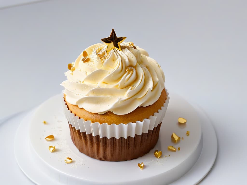  An ultradetailed closeup image of a perfectly frosted cupcake, topped with delicate edible gold flakes, set against a stark white background. The frosting is swirled elegantly, catching the light to highlight its smooth texture, while the gold flakes add a touch of luxury and sophistication. The image captures the intricate details and craftsmanship of professional pastry artistry, serving as a visually appealing representation of the high standards upheld by online certification platforms for pastry enthusiasts. hyperrealistic, full body, detailed clothing, highly detailed, cinematic lighting, stunningly beautiful, intricate, sharp focus, f/1. 8, 85mm, (centered image composition), (professionally color graded), ((bright soft diffused light)), volumetric fog, trending on instagram, trending on tumblr, HDR 4K, 8K