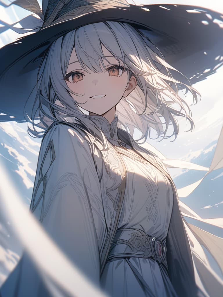  Manipulate the wind, smile, witch hat, white, short hair, white robe, masterpiece, best quality,8k,ultra detailed,high resolution,an extremely delicate and beautiful,hyper detail