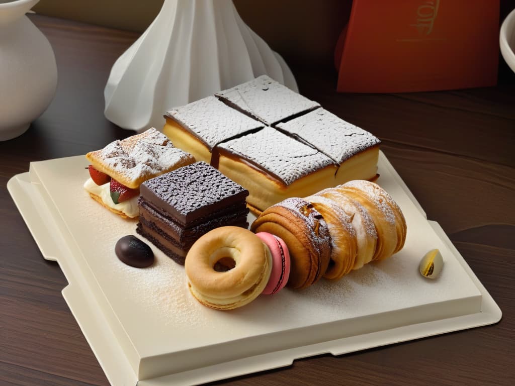  A beautifully designed minimalistic image featuring a variety of international pastries arranged elegantly on a sleek, modern platter. The pastries should include a French croissant, a colorful macaron, an Italian cannoli, a Spanish churro, and a Japanese mochi. The pastries should be artfully displayed with a focus on their unique textures, shapes, and colors, highlighting the diversity of international pastry offerings. The background should be a soft, neutral color to enhance the visual appeal of the pastries and create a clean, sophisticated look. hyperrealistic, full body, detailed clothing, highly detailed, cinematic lighting, stunningly beautiful, intricate, sharp focus, f/1. 8, 85mm, (centered image composition), (professionally color graded), ((bright soft diffused light)), volumetric fog, trending on instagram, trending on tumblr, HDR 4K, 8K