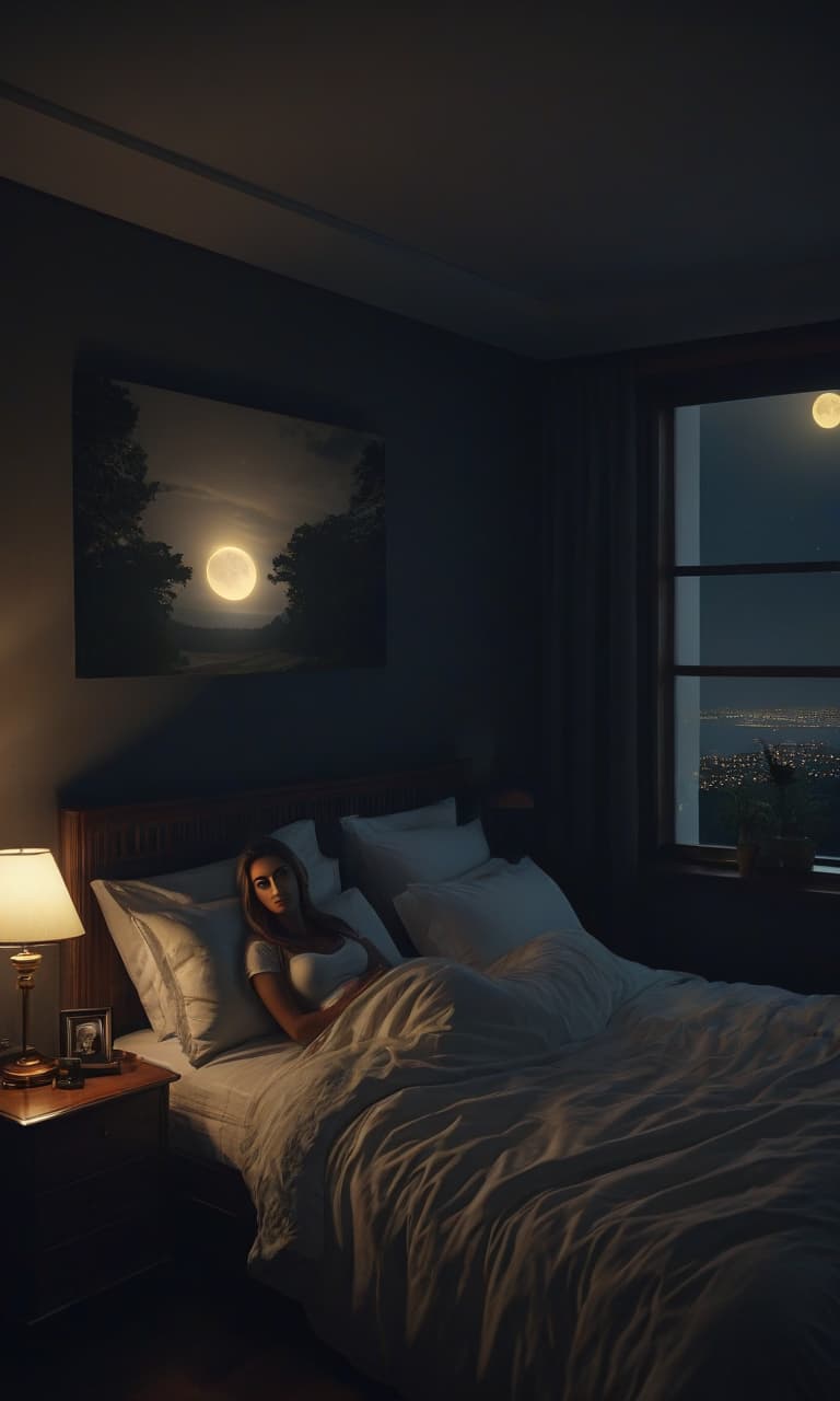  HDR photo of 1dk, portrait, Realistic, score 9, score 8 up, score 7 up, beautiful bedroom. a girl, moonlit vista. . Detailed. Perfect composition. 8k, [realistic eyes:5], very detailed, high detailed texture, depth of field, low light, cinematic illumination, volumetric lighting, rating questionable in a dark room, Night. Dark room. Flashlight. . High dynamic range, vivid, rich details, clear shadows and highlights, realistic, intense, enhanced contrast, highly detailed hyperrealistic, full body, detailed clothing, highly detailed, cinematic lighting, stunningly beautiful, intricate, sharp focus, f/1. 8, 85mm, (centered image composition), (professionally color graded), ((bright soft diffused light)), volumetric fog, trending on instagram, trending on tumblr, HDR 4K, 8K