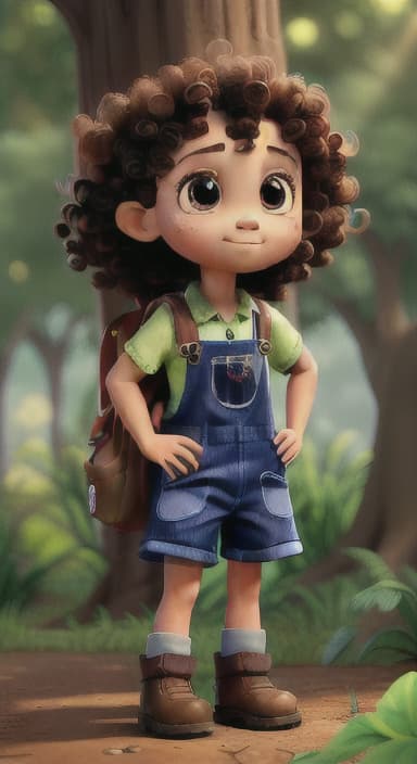  {The tree with a twinkling eye, while its leaves gently rustle., Riley, a curious with big brown eyes and curly hair, wearing overalls and carrying a small backpack. Their friend, Skye, a bluebird with shiny feathers.