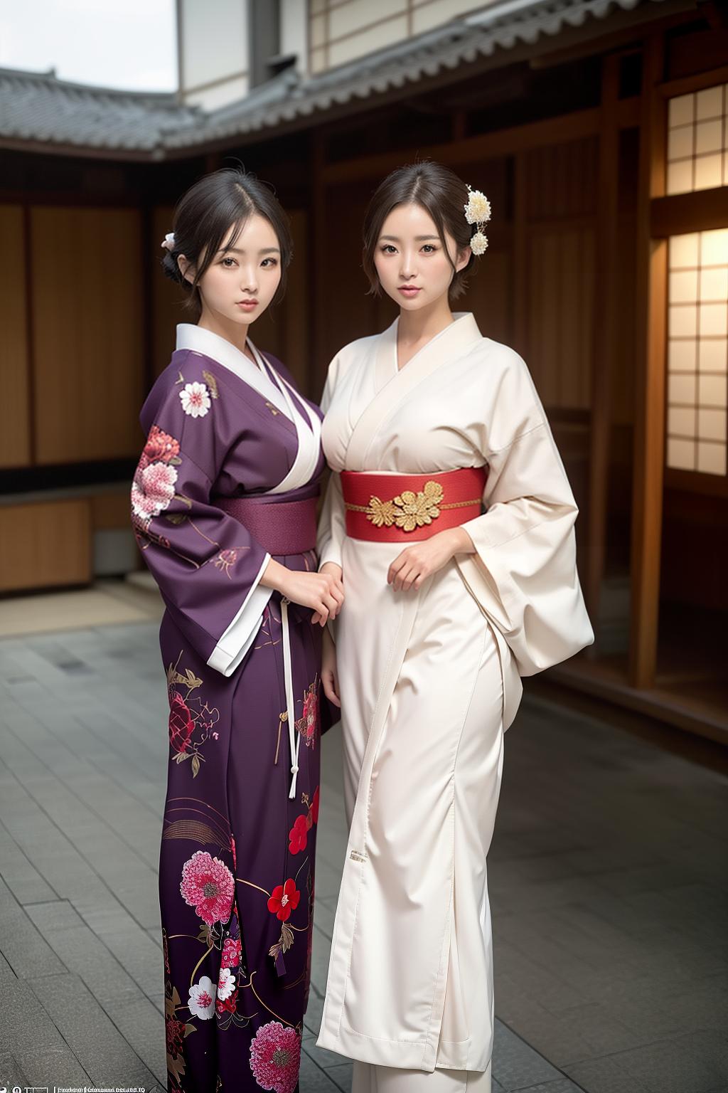  The capital city of Kyoto, adorned in traditional kimono attire, two beauties with radiant smiles, large eyes, ample bosoms, slender waists, ample derrières, beautiful legs, sporting short hair with a luscious light brown hue, (Masterpiece, BestQuality:1.3), (ultra detailed:1.2), (hyperrealistic:1.3), (RAW photo:1.2),High detail RAW color photo, professional photograph, (Photorealistic:1.4), (realistic:1.4), ,professional lighting, (japanese), beautiful face, (realistic face)