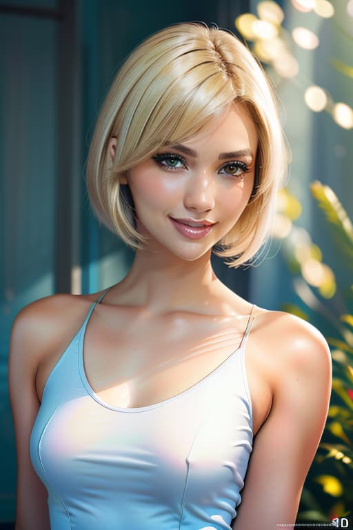  1girl,1girl,blonde short hair,straight hair,upper body shot,shirt,smile hyperrealistic, full body, detailed clothing, highly detailed, cinematic lighting, stunningly beautiful, intricate, sharp focus, f/1. 8, 85mm, (centered image composition), (professionally color graded), ((bright soft diffused light)), volumetric fog, trending on instagram, trending on tumblr, HDR 4K, 8K