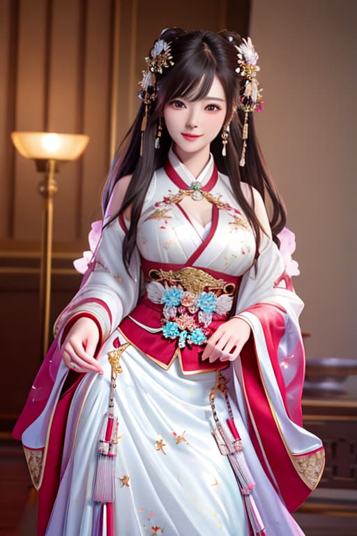  best quality, masterpiece, highres, 1girl,blush,(seductive smile:0.8),star shaped pupils,china hanfu,hair ornament,necklace, jewelry,Beautiful face,upon body, tyndall effect,photorealistic, dark studio, rim lighting, two tone lighting,(high detailed skin:1.2), 8k uhd, dslr, soft lighting, high quality, volumetric lighting, candid, Photograph, high resolution, 4k, 8k, Bokeh hyperrealistic, full body, detailed clothing, highly detailed, cinematic lighting, stunningly beautiful, intricate, sharp focus, f/1. 8, 85mm, (centered image composition), (professionally color graded), ((bright soft diffused light)), volumetric fog, trending on instagram, trending on tumblr, HDR 4K, 8K