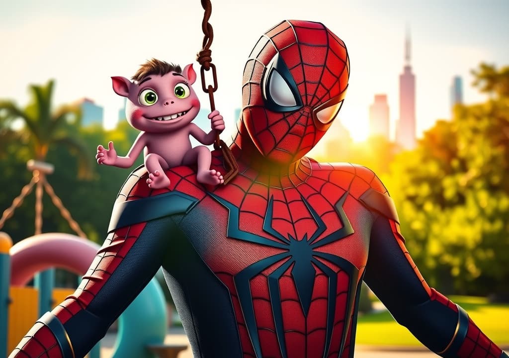  good quality, high quality, a version of spider man, around 1., stands heroically in the center of the image, surrounded by two tiny colorful monsters who are ly interacting with him. spider man is in his clic red and blue suit, his mask slightly tilted, part of his cheek. one monster is sitting on spider man's shoulder, grinning mischievously, while the other is hanging upside down from a spider web, swinging beside him. the background is a vint, colorful city park, with bright green trees, a playground, and the city skyline visible in the distance. the sunlight es the scene in a warm, golden glow, giving a joyful and adventurous atmosphere. spider man and the monsters are the focal poi