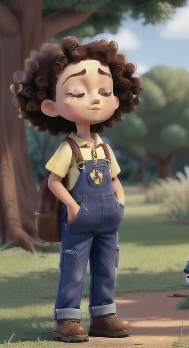  {Riley standing under the tree with eyes closed, making the wish., Riley, a curious with big brown eyes and curly hair, wearing overalls and carrying a small backpack. Their friend, Skye, a bluebird with shiny feathers.