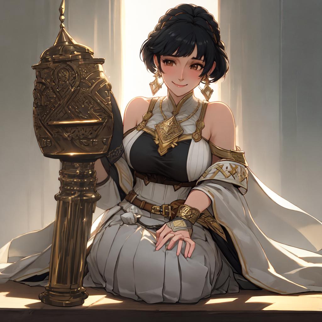  (masterpiece), best quality, absurdres, 1 , bangs, bare arms, bare shoulders, full body, (black hair), large s, brown eyes, (age), smiling, mini , pleated , earrings, fire emblem, fire emblem: the binding blade, taking, huge s, on her , , pov, looking down, pov  hyperrealistic, full body, detailed clothing, highly detailed, cinematic lighting, stunningly beautiful, intricate, sharp focus, f/1. 8, 85mm, (centered image composition), (professionally color graded), ((bright soft diffused light)), volumetric fog, trending on instagram, trending on tumblr, HDR 4K, 8K