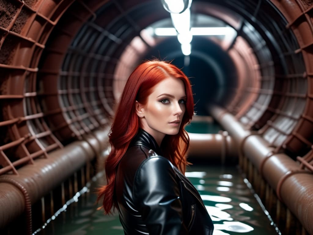  cinematic photo A woman with red hair in a leather suit is in the sewage system. . 35mm photograph, film, bokeh, professional, 4k, highly detailed
