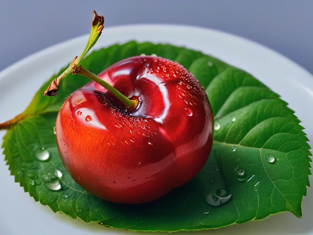  An ultradetailed closeup image of a perfectly ripe cherry, showcasing its vibrant red color, glossy texture, and tiny water droplets glistening under soft, natural lighting. The cherry is surrounded by lush green leaves, with intricate details visible on the fruit's surface, highlighting its freshness and juiciness. This minimalistic yet captivating image captures the essence of the key ingredient in the cherry cheesecake recipe, evoking a sense of freshness and natural beauty that aligns with the professional and inspiring tone of the article. hyperrealistic, full body, detailed clothing, highly detailed, cinematic lighting, stunningly beautiful, intricate, sharp focus, f/1. 8, 85mm, (centered image composition), (professionally color graded), ((bright soft diffused light)), volumetric fog, trending on instagram, trending on tumblr, HDR 4K, 8K