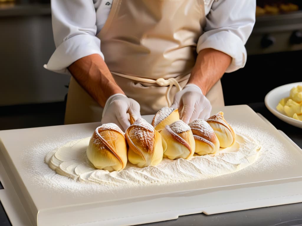  A closeup, highresolution image of a chef's hands expertly kneading a smooth, elastic dough for cannoli shells on a sleek, minimalist marble countertop. The hands are adorned with flour, showcasing the intricate movements and dedication required to achieve the perfect texture for the iconic Sicilian dessert. The soft natural lighting enhances the details of the dough, emphasizing the artistry and precision involved in the culinary process. hyperrealistic, full body, detailed clothing, highly detailed, cinematic lighting, stunningly beautiful, intricate, sharp focus, f/1. 8, 85mm, (centered image composition), (professionally color graded), ((bright soft diffused light)), volumetric fog, trending on instagram, trending on tumblr, HDR 4K, 8K