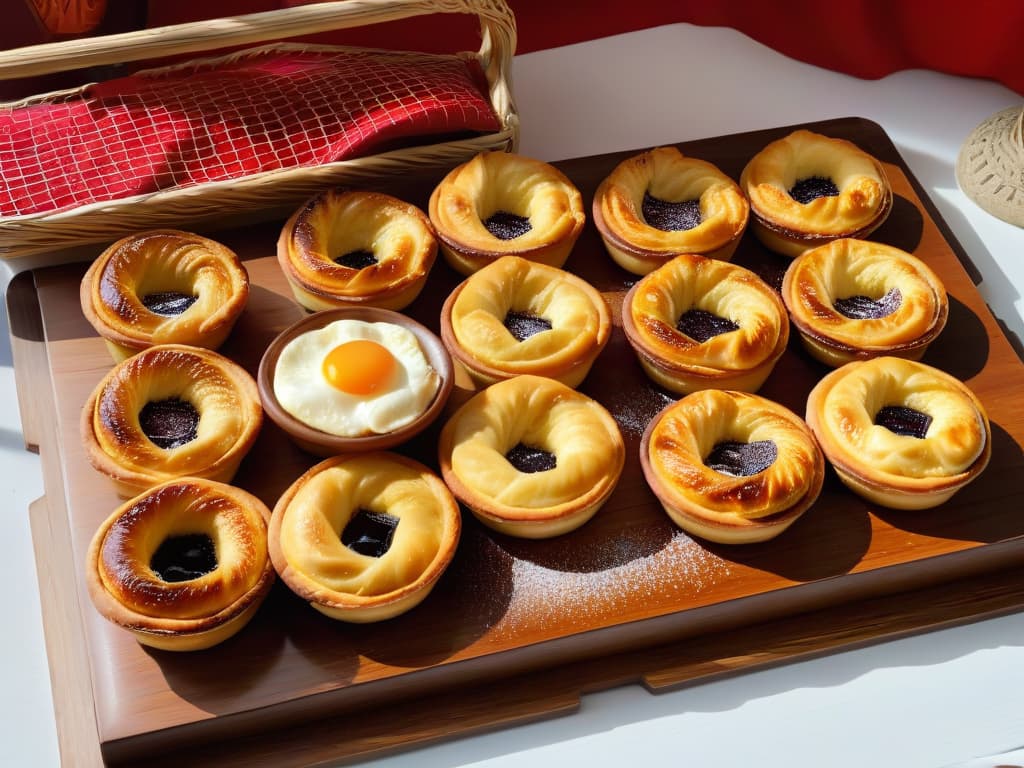  A closeup, photorealistic image of a freshly baked tray of Pasteis de Nata, showing the golden, flaky pastry crust perfectly caramelized, with a slightly burnt edge, filled with creamy, custardlike egg filling, dusted with a sprinkle of cinnamon and powdered sugar. The pastries are placed on a rustic, wooden serving board, with a few crumbled pastry flakes scattered around, creating a mouthwatering and inviting scene that highlights the deliciousness and authenticity of this traditional Portuguese dessert. hyperrealistic, full body, detailed clothing, highly detailed, cinematic lighting, stunningly beautiful, intricate, sharp focus, f/1. 8, 85mm, (centered image composition), (professionally color graded), ((bright soft diffused light)), volumetric fog, trending on instagram, trending on tumblr, HDR 4K, 8K