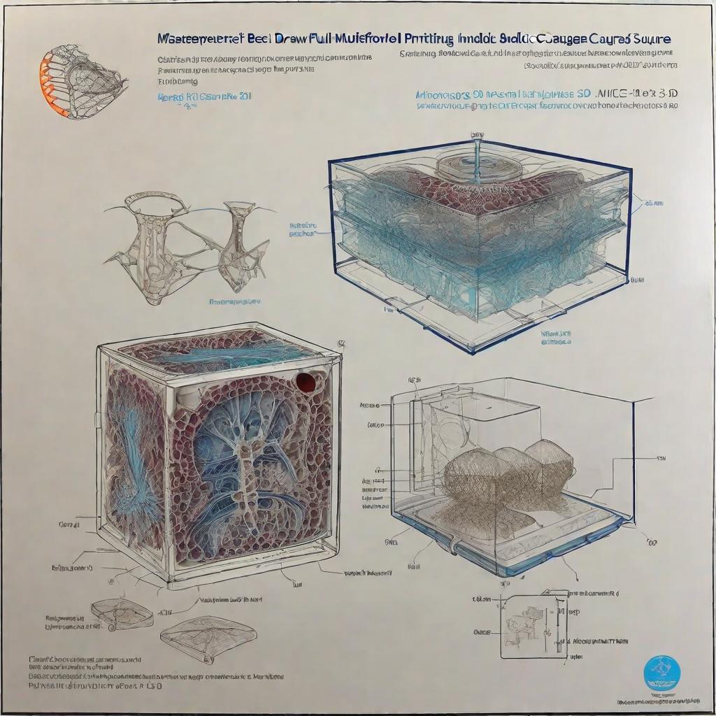  Masterpiece, best quality, please draw a picture, requirements:1. Microfluidic 3D printing using three inks to prepare a multilayer hydrogel square skeleton for repairing cartilage in experimental mice