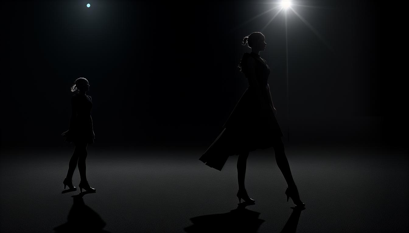  digital illustration, A solitary dancer in the spotlight, surrounded by shadows, while other dancers in the background remain still or distant. The scene emphasizes the loneliness of always leading. Stark contrast, isolated, solitary, reflective mood., looking at viewer, dynamic pose, (intricate details, masterpiece, best quality)