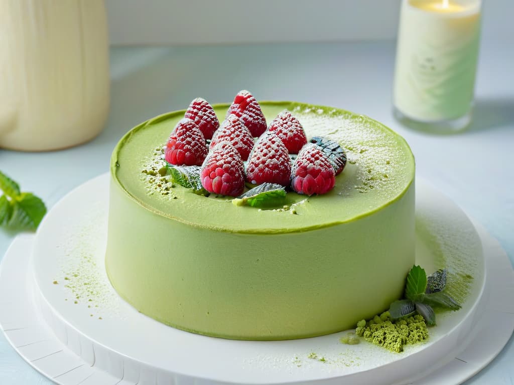  A minimalistic image of a delicate matcha green tea cheesecake, topped with vibrant fresh raspberries and dusted with a light sprinkling of matcha powder, set on a sleek, modern white plate. The cheesecake is perfectly sliced to reveal the creamy, green teainfused interior, with a subtle aroma wafting from the dessert. The background is softly blurred to keep the focus on the exquisite dessert, creating a serene and elegant visual that embodies the harmonious fusion of green tea and desserts. hyperrealistic, full body, detailed clothing, highly detailed, cinematic lighting, stunningly beautiful, intricate, sharp focus, f/1. 8, 85mm, (centered image composition), (professionally color graded), ((bright soft diffused light)), volumetric fog, trending on instagram, trending on tumblr, HDR 4K, 8K