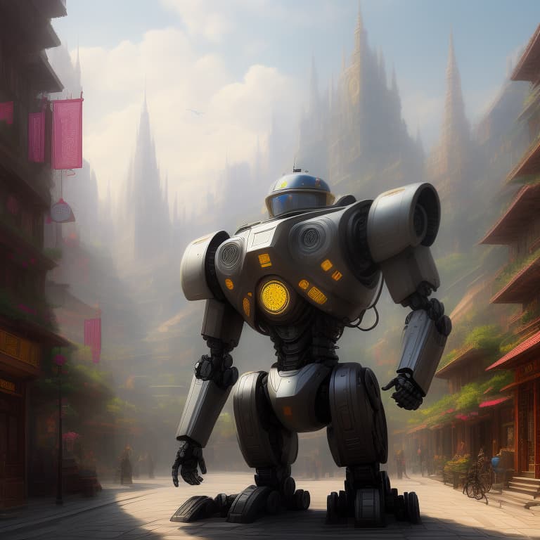  A robot in a fantasy rich city. qrcode 123456