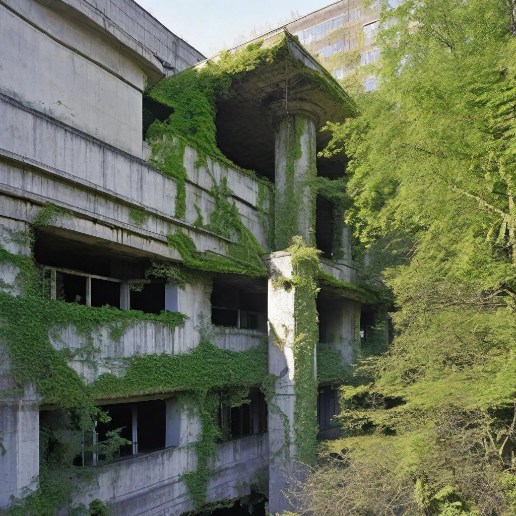  This image depicts an abandoned, large concrete structure that is heavily entwined and surrounded by nature. The architecture has a monumental, possibly industrial or public utility feel, typical of mid 20th century designs. The building appears to have multiple levels, with large, broken windows and extensive vegetation growth on its surfaces, suggesting it has been abandoned for a long time. Trees and shrubbery have grown not only around but also on the structure, indicating the building's prolonged neglect. Green moss and plants cover the concrete, and the building's decay is evident with visible cracks and structural disintegration. The upper part of the building, visible in the background, shows columns and overgrown greenery atop w